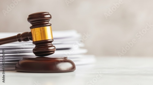 A close-up of a gavel resting on documents, symbolizing justice and legal proceedings in a courtroom setting.