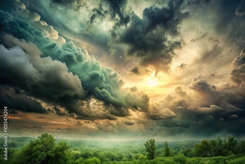 Muted earth tone sky with scattered dark grey clouds and hints of misty greenery below, cloudy, verdant, misty