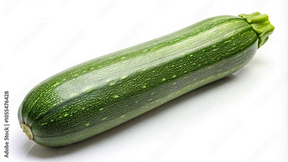 A Single Green Zucchini, Its Skin Speckled with Tiny Green Dots, Rests on a Clean White Surface, Its Smooth Texture Catching the Light A Single Green Zucchini, Its Skin Speckled with Tiny Green Dots, Rests on a Clean White Surface, Its Smooth Texture Catching the Light