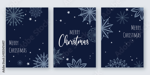 Merry Christmas greeting cards set. Three vertical cards in one style. Winter blue template with snowflakes and lettering. Holiday design for flyer, postcard, brochure, invitation, vector graphics