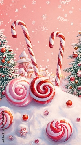 Christmas candy canes and lollipops rising from snowy ground with christmas village in background