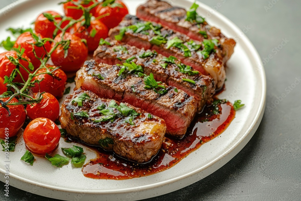 Grilled Steak with Roasted Cherry Tomatoes and Herbs on a White Plate Grilled Steak with Roasted Cherry Tomatoes and Herbs on a White Plate