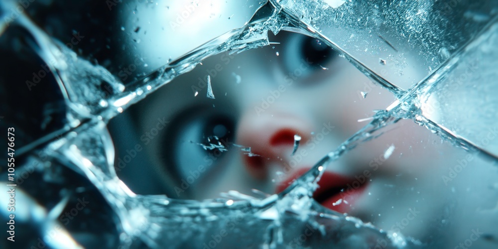 Eerie reflection of innocence behind shattered glass Eerie reflection of innocence behind shattered glass