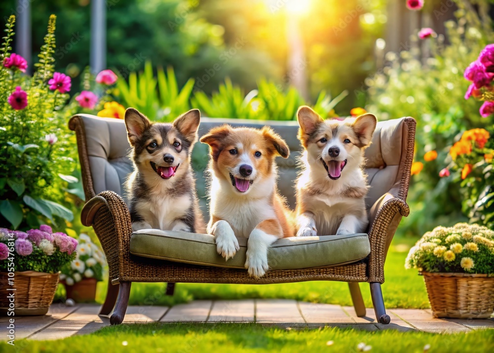 Obraz premium Lively Puppies in a Tranquil Backyard Setting - A Fashion Photography Delight