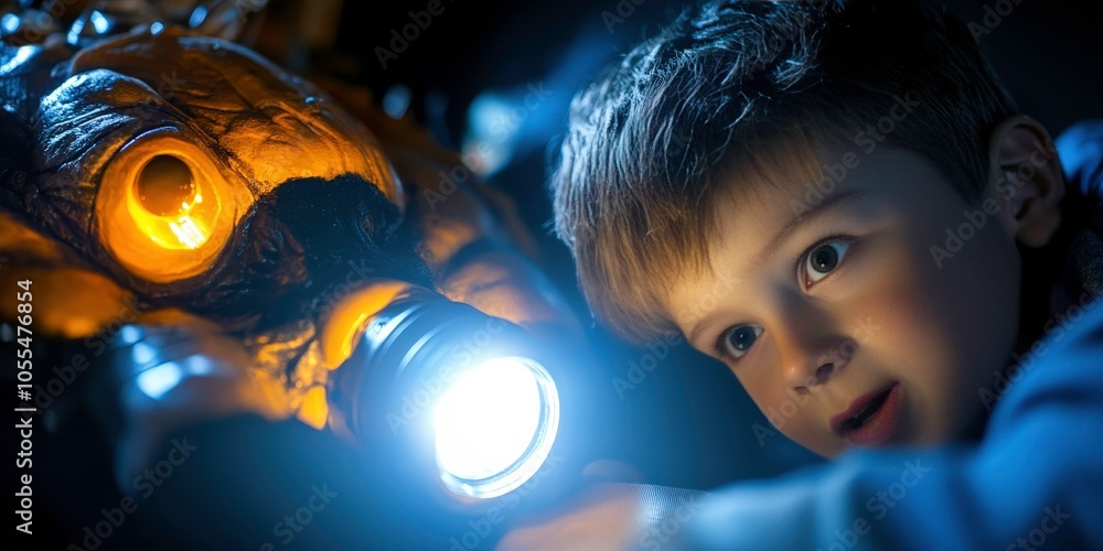 A curious boy's adventure with a mysterious creature in the dark A curious boy's adventure with a mysterious creature in the dark