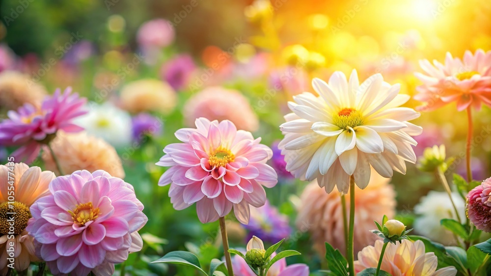Pastel colored flowers blooming in a garden on a warm sunny day, blossoms, sunny day Pastel colored flowers blooming in a garden on a warm sunny day, blossoms, sunny day