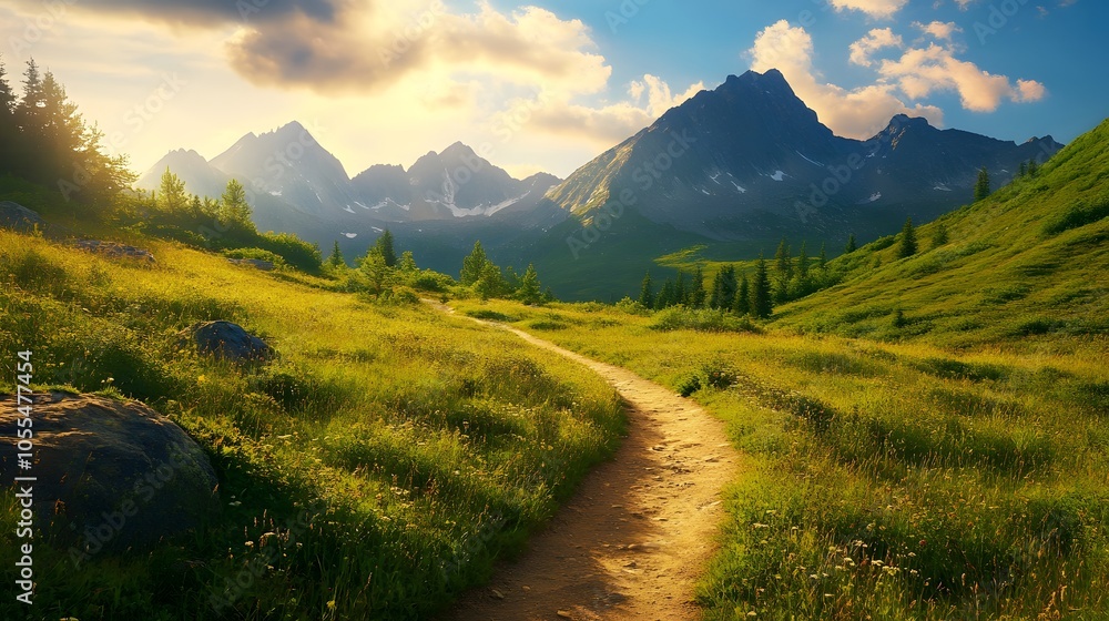 A serene scene of a mountain trail winding through a meadow with distant peaks A serene scene of a mountain trail winding through a meadow with distant peaks
