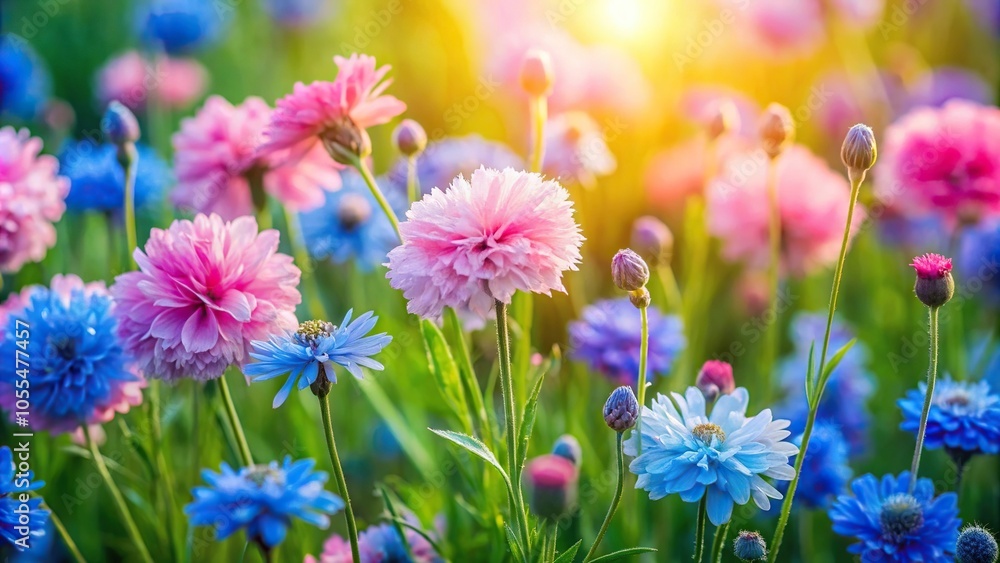 Fototapeta premium Pastel pink and blue flowers blooming in a lush green meadow, meadow, colorful, spring, peaceful