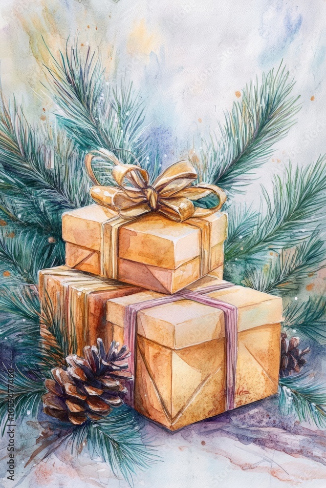 Festive Gift Boxes with Pine Branches and Cones, Celebrating Christmas Spirit, Watercolor Illustration Gift-Giving Concept Festive Gift Boxes with Pine Branches and Cones, Celebrating Christmas Spirit, Watercolor Illustration Gift-Giving Concept