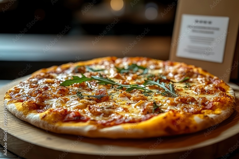 Close-up of a Delicious Pizza with Melted Cheese and Fresh Greens Close-up of a Delicious Pizza with Melted Cheese and Fresh Greens