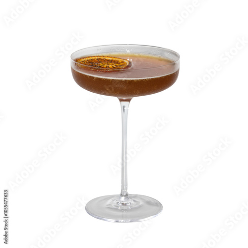 Golden Hour Cocktail: A sophisticated and elegant cocktail in a coupe glass, adorned with a slice of citrus fruit, a perfect image for menus, bar promotions, and cocktail recipes.  photo