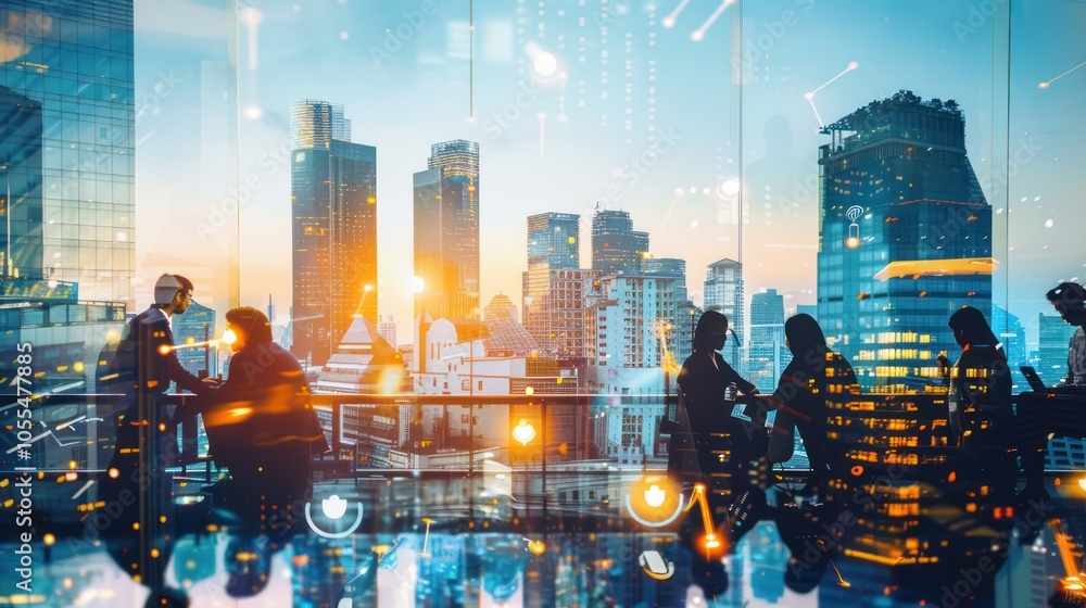 Fototapeta premium Silhouettes of Business People Against City Skyline