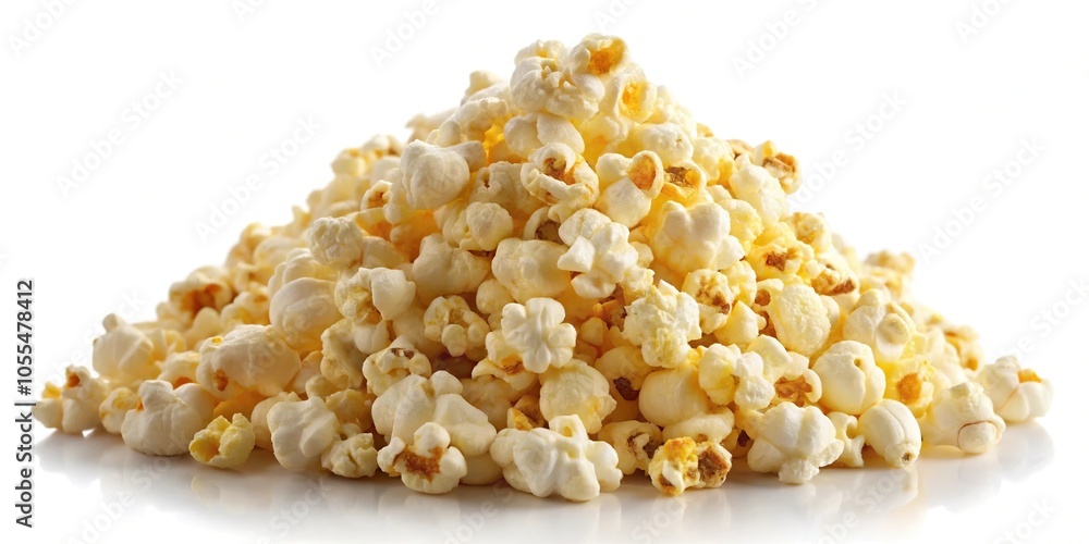 Popcorn pile with melted butter on white background at a tilted angle Popcorn pile with melted butter on white background at a tilted angle
