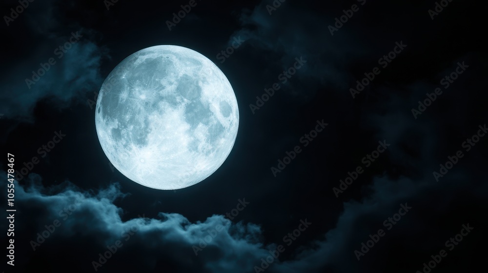 A full moon lights up a serene night sky, surrounded by wispy clouds. Its detailed surface showcases craters in soft blue and white, evoking tranquility and wonder. A full moon lights up a serene night sky, surrounded by wispy clouds. Its detailed surface showcases craters in soft blue and white, evoking tranquility and wonder.