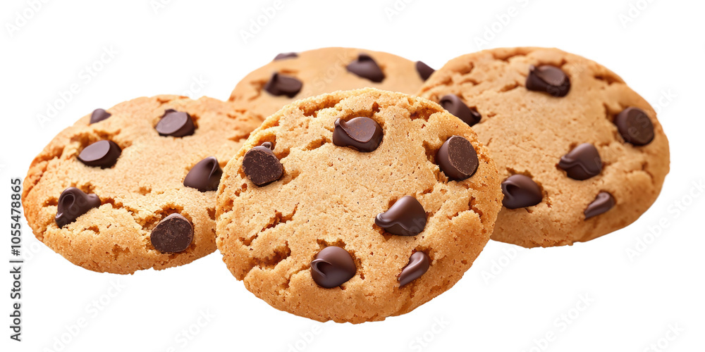 Four delicious chocolate chip cookies arranged on a white background. Transparent background Four delicious chocolate chip cookies arranged on a white background. Transparent background