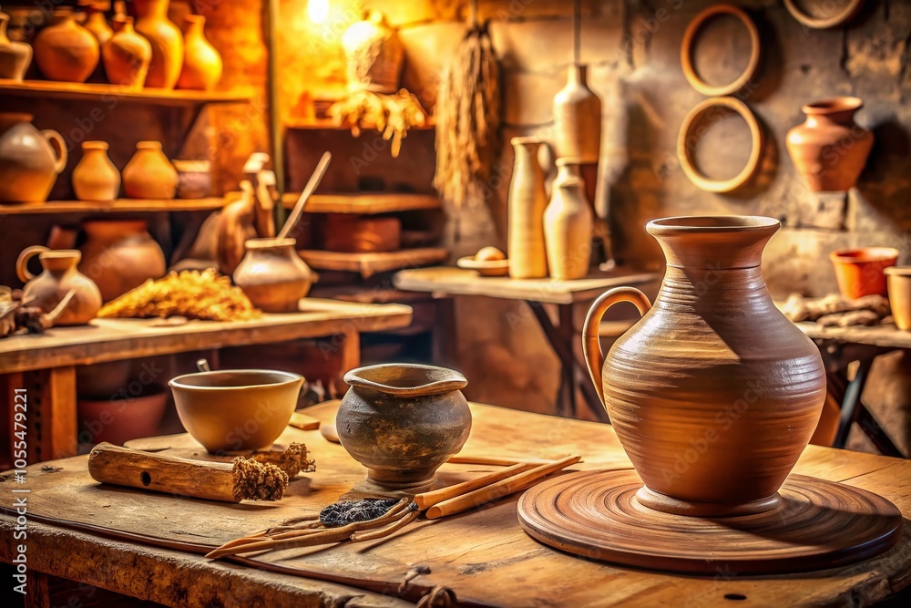 Long Exposure Pottery Workshop Tools: String Cutter and Ceramics Art in Focus