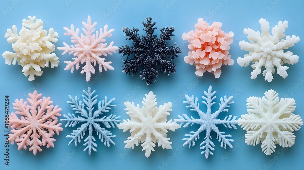 Minimalist snowflakes on a plain background, soft pastel shades Minimalist snowflakes on a plain background, soft pastel shades