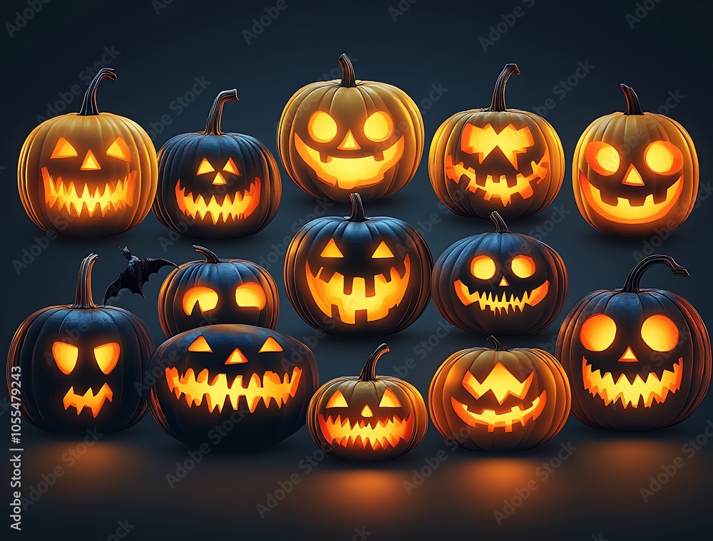 Group of Carved Pumpkins Featuring a Lit Candle
Group of Carved Pumpkins Featuring a Lit Candle