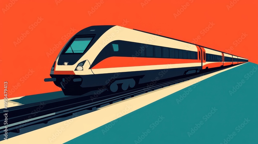 Naklejka premium A vibrant digital illustration showcases a sleek modern train on elevated tracks against a striking orange background, highlighting motion and innovation in transportation.
