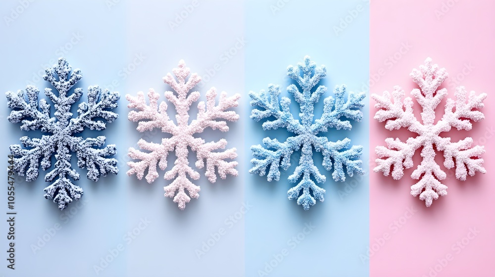 Minimalist snowflakes on a plain background, soft pastel shades Minimalist snowflakes on a plain background, soft pastel shades