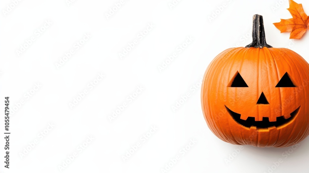A vibrant orange jack-o'-lantern with triangular eyes and a grinning mouth sits against a white background, accompanied by a small autumn leaf, embodying Halloween's festive charm. A vibrant orange jack-o'-lantern with triangular eyes and a grinning mouth sits against a white background, accompanied by a small autumn leaf, embodying Halloween's festive charm.