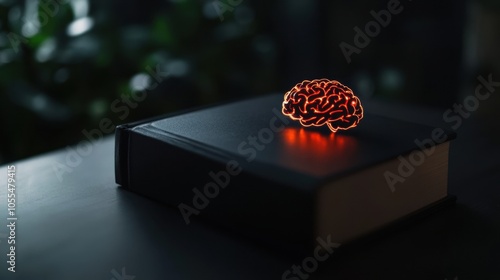 A vibrant neon orange brain sculpture rests on a closed black book, symbolizing the fusion of knowledge and intellect. photo