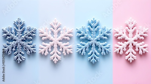 Minimalist snowflakes on a plain background, soft pastel shades