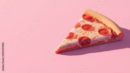 A vibrant slice of pepperoni pizza rests on a soft pink background, showcasing a golden crust, melted cheese, and arranged pepperoni. Ideal for food themes and marketing content.