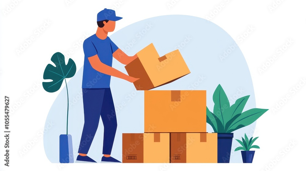 A young man in a blue cap and t-shirt stacks cardboard boxes in an organized workspace, surrounded by lush plants.