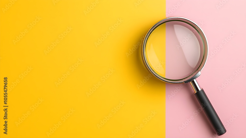 Magnifying glass on vibrant yellow and pink background Magnifying glass on vibrant yellow and pink background