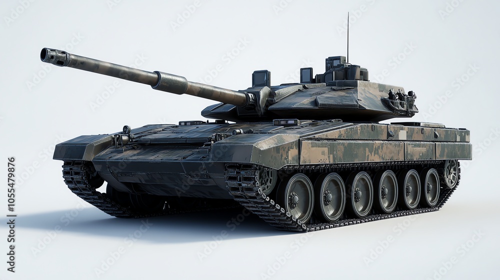 A tank with camouflage paint isolated on a white background. A tank with camouflage paint isolated on a white background.