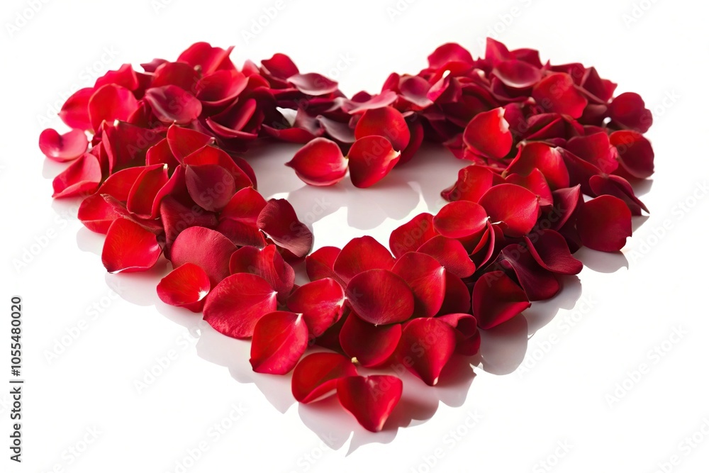 romantic red rose petal heart reflected on white surface romantic red rose petal heart reflected on white surface