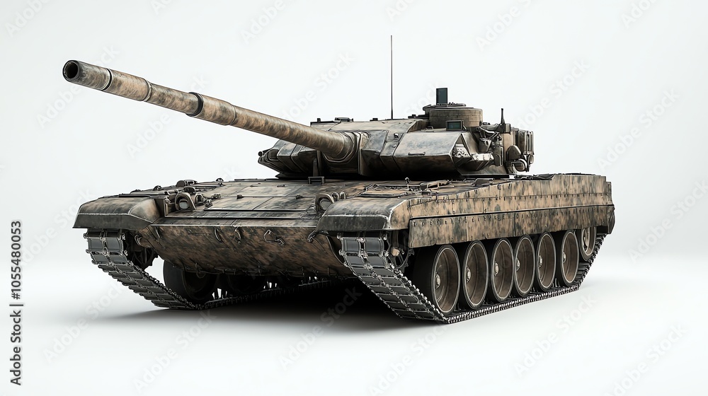 A tank with camouflage paint isolated on a white background. A tank with camouflage paint isolated on a white background.