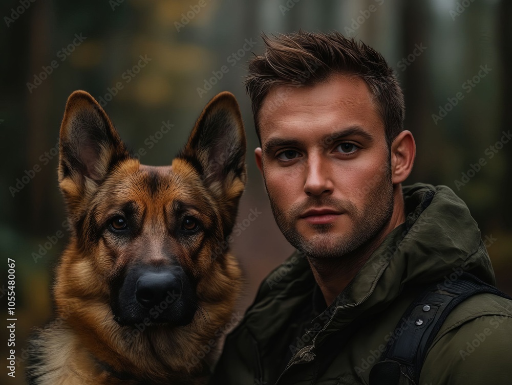 A man and his dog are posing for a picture A man and his dog are posing for a picture