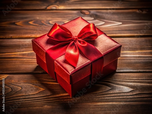 Low Light Photography of a Red Gift Box with Bow on Wooden Table for Celebrations and Special Occasions