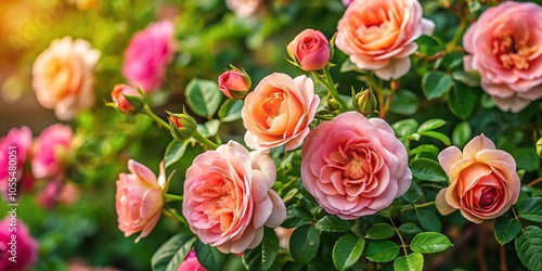 Rose bush with blooming flower and lush foliage in natural background from high angle