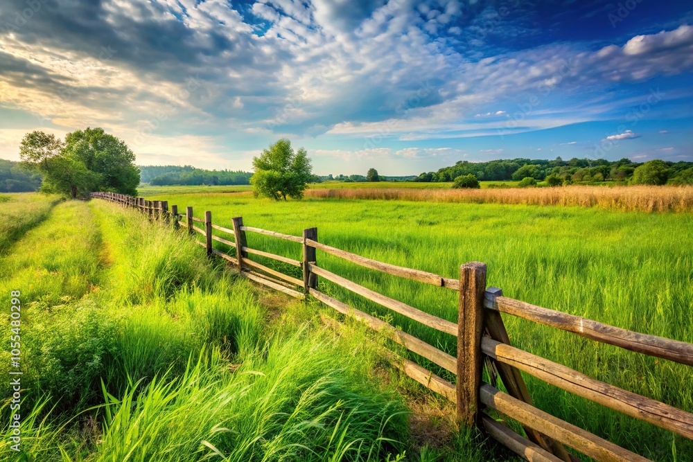 Rustic wooden fence bordering a lush green field with tall grass and shrubs, nature, fields, gates, rural Rustic wooden fence bordering a lush green field with tall grass and shrubs, nature, fields, gates, rural