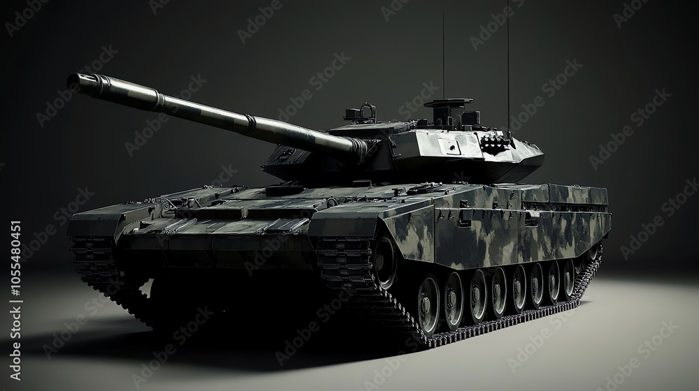 A tank with camouflage paint isolated on a gray background.