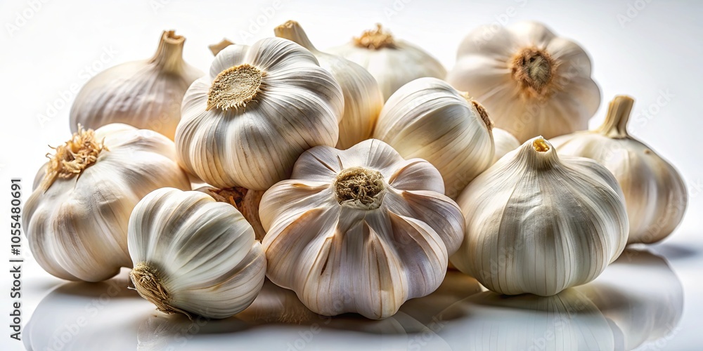 Fototapeta premium A cluster of plump, ivory garlic bulbs with delicate brown tips, arranged on a pristine white surface, reflecting the soft light.
