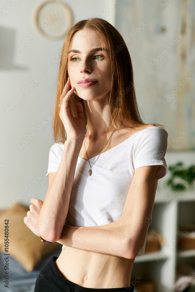 A young woman with eating disorder enjoys a moment at home, radiating happiness and confidence in her daily life. A young woman with eating disorder enjoys a moment at home, radiating happiness and confidence in her daily life.