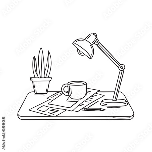 Desk covered with scattered papers and a coffee mug 
