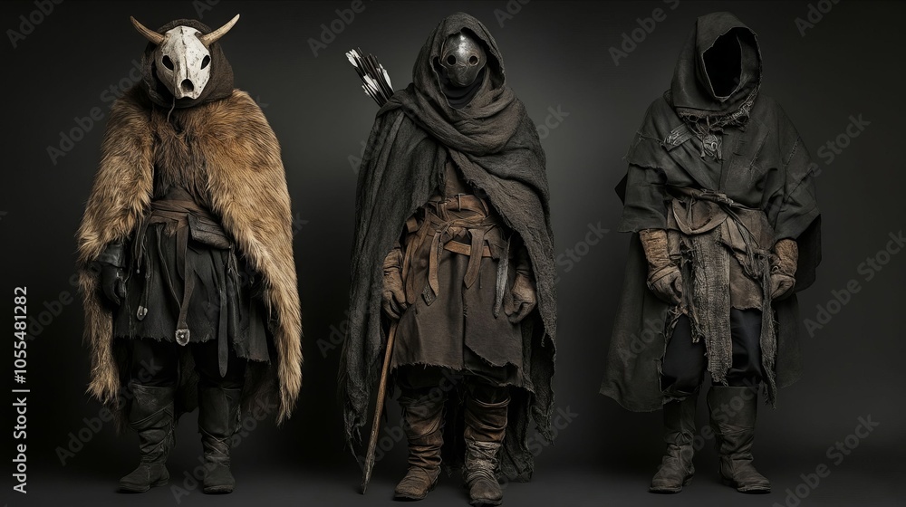 Three men in medieval clothing one wearing a hooded cloak and the other wearing a mask Three men in medieval clothing one wearing a hooded cloak and the other wearing a mask
