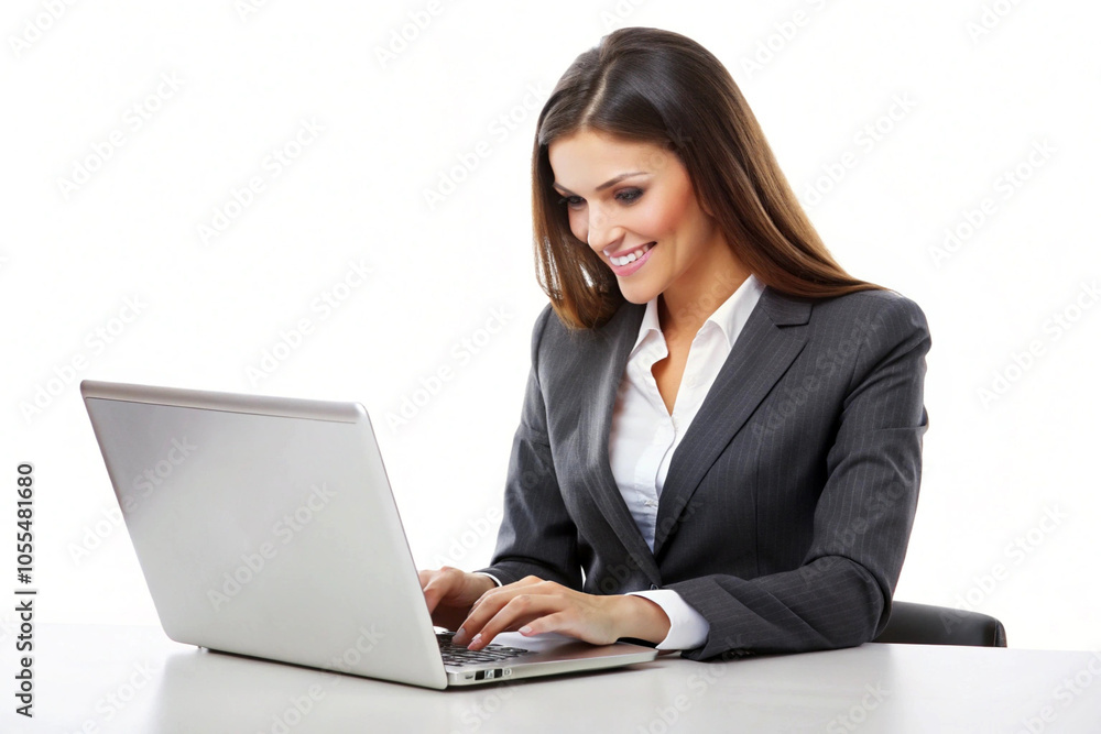Business woman using laptop, isolated on white background Business woman using laptop, isolated on white background