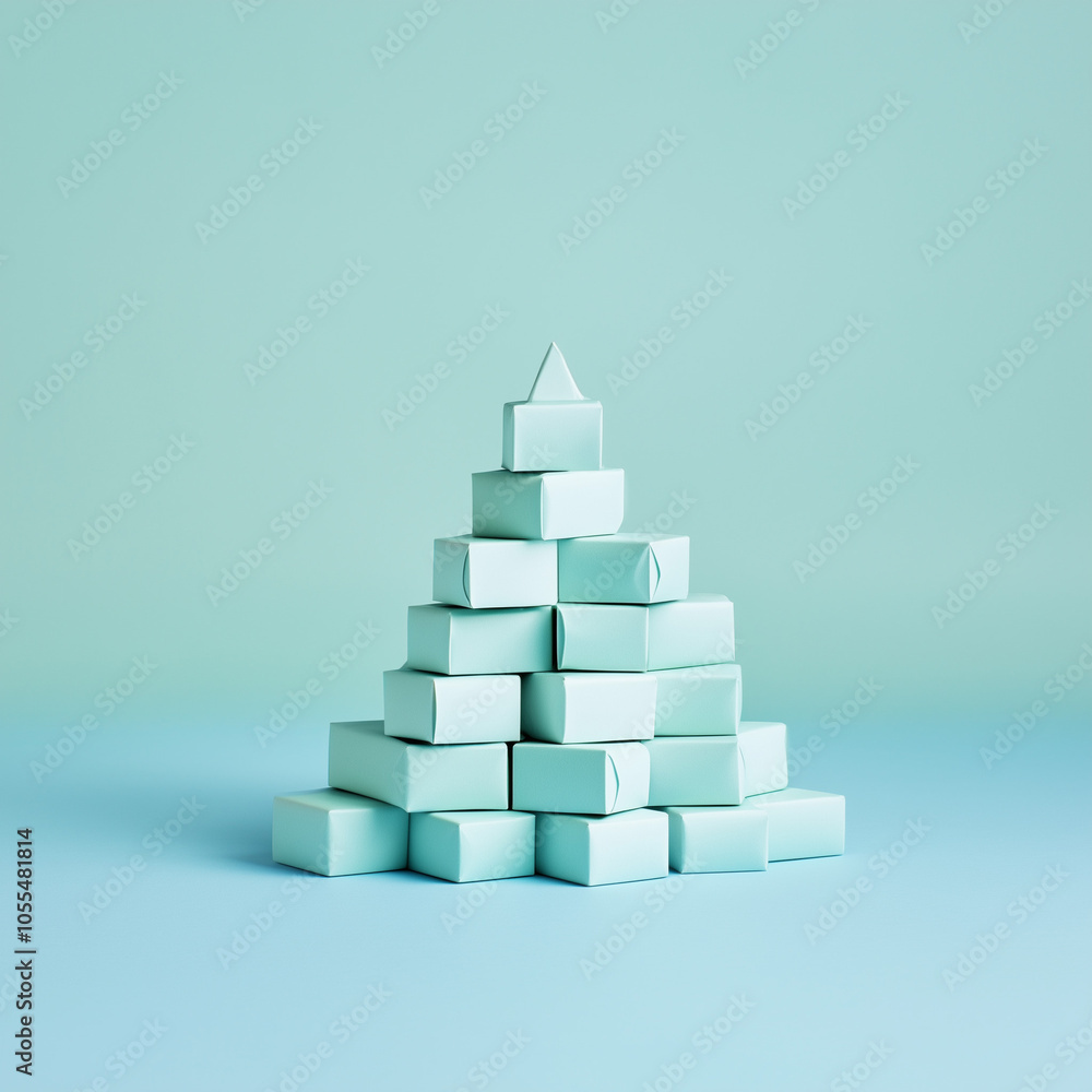 A blue Christmas tree made of paper cubes is surrounded by floating gifts, isolated on a pastel blue background. A blue Christmas tree made of paper cubes is surrounded by floating gifts, isolated on a pastel blue background.