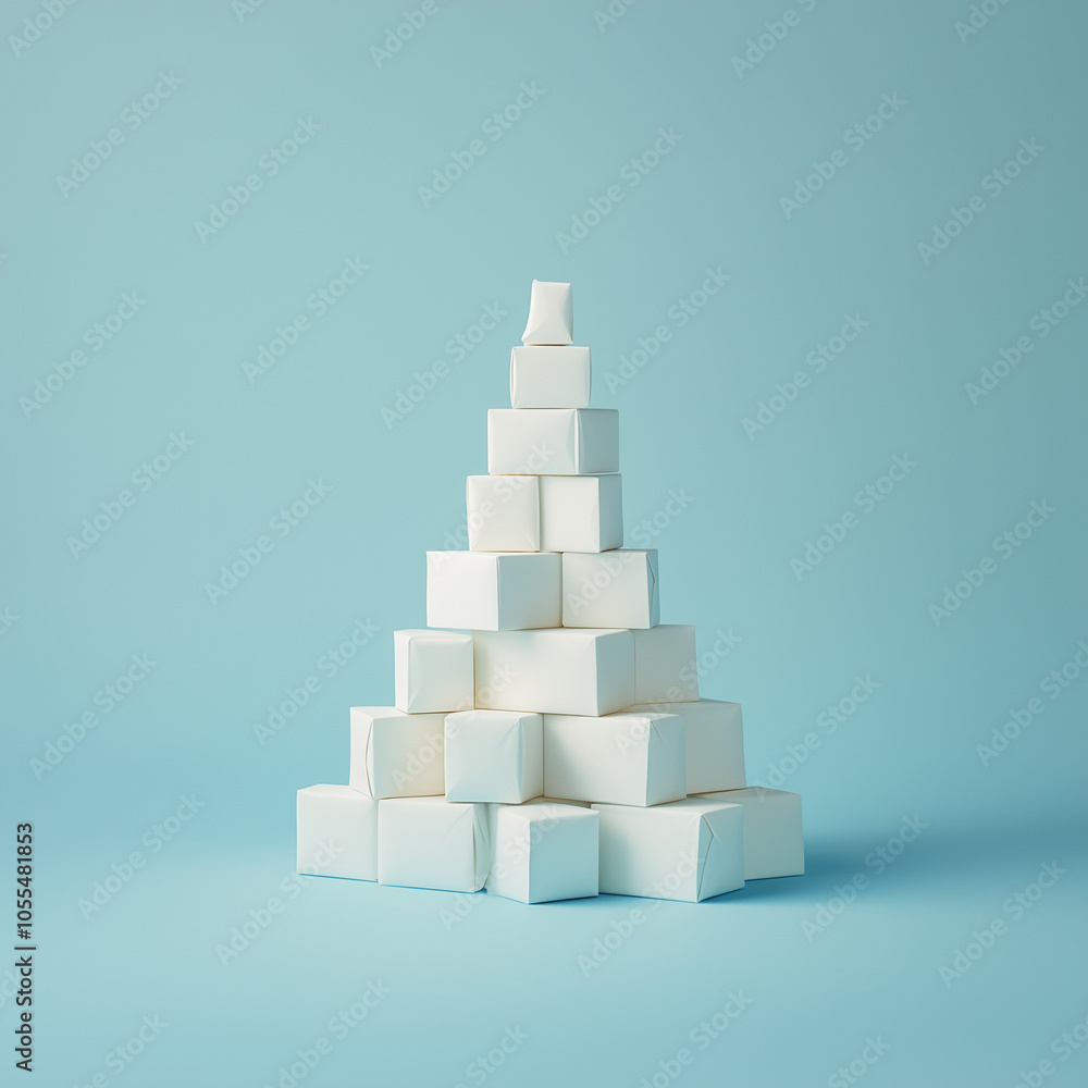 A white Christmas tree made of paper cubes is surrounded by floating gifts, isolated on a pastel blue background. A white Christmas tree made of paper cubes is surrounded by floating gifts, isolated on a pastel blue background.