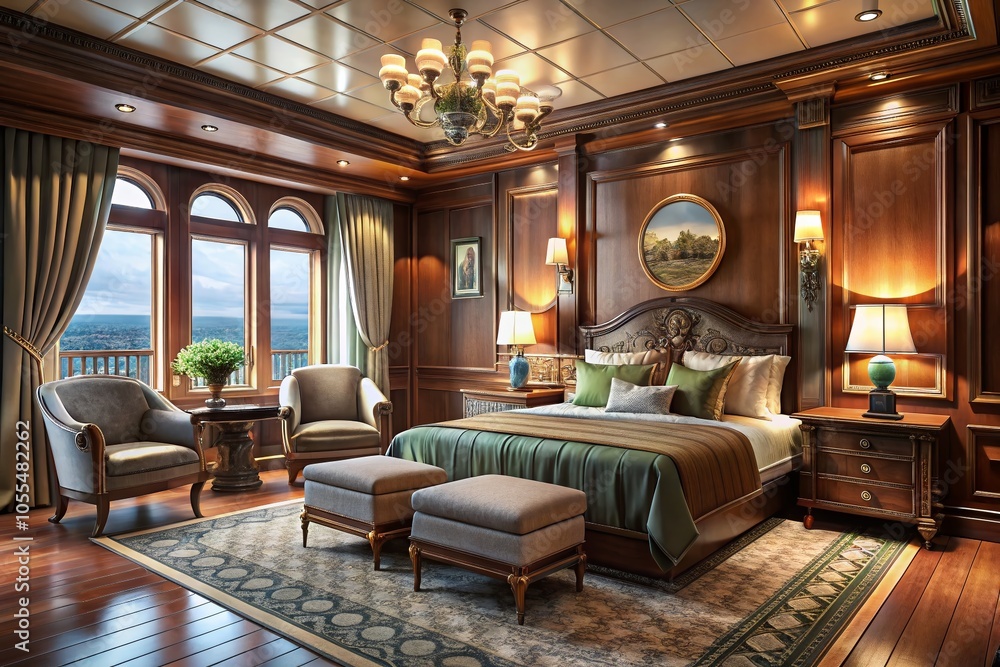 Luxurious Titanic-Inspired Bedroom Design with Elegant Wood Elements and Scenic Views Luxurious Titanic-Inspired Bedroom Design with Elegant Wood Elements and Scenic Views