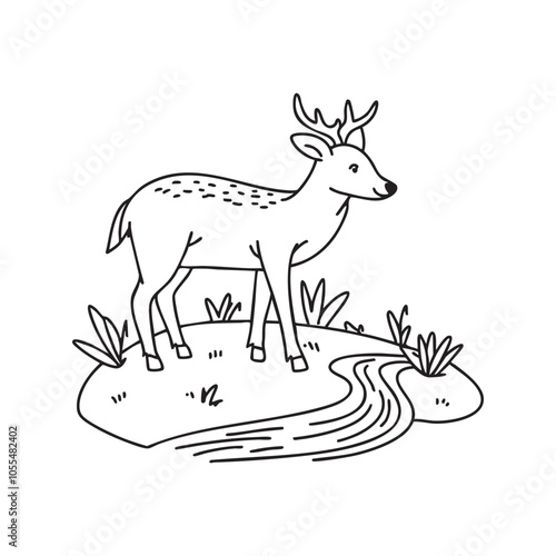 Deer nibbling grass near a flowing stream 