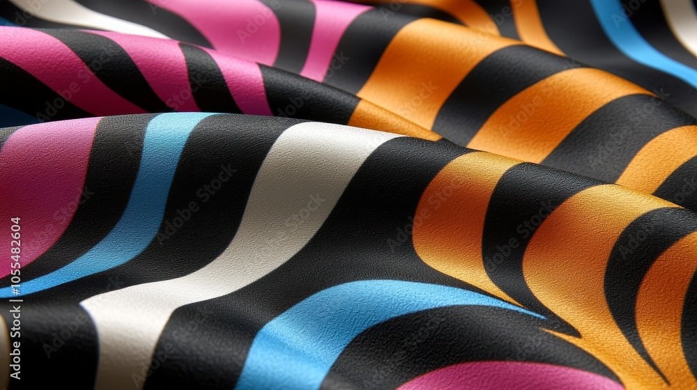 Fototapeta premium Bold zebra print in vivid colors on black, playful and energetic, with strong contrasts that make the stripes stand out vibrantly. Vibrant zebra stripes, Playful energy