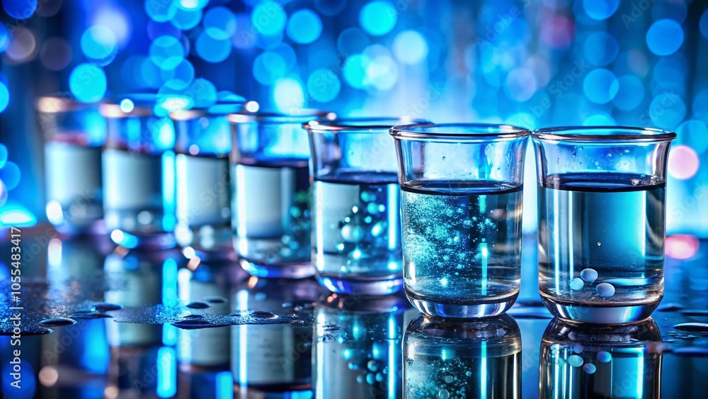 Macro Photography of Glass Beakers with Water and Blue Liquid Drops for Scientific and Laboratory Themes Macro Photography of Glass Beakers with Water and Blue Liquid Drops for Scientific and Laboratory Themes