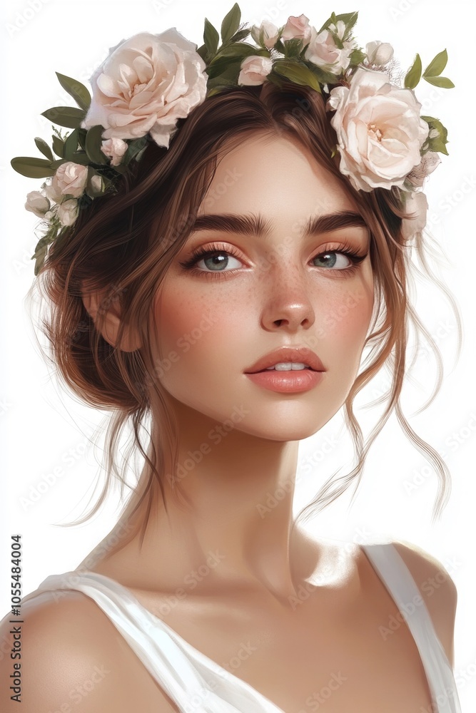Woman with flower crown, soft expression Woman with flower crown, soft expression